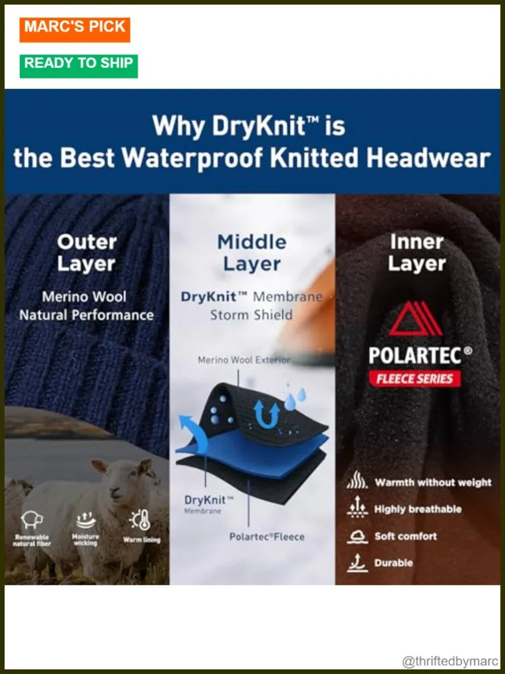 Waterproof Polartec Fleece Lined Merino Wool Cuffed Beanie Hat Winter Warm